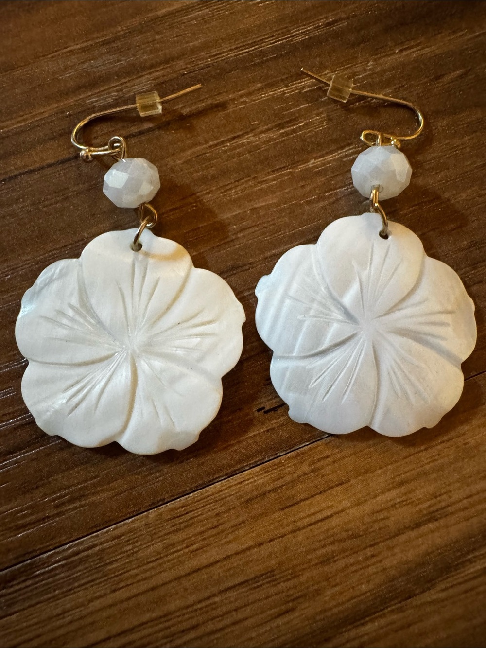 Vintage White Floral Drop Earrings with Gold Hooks